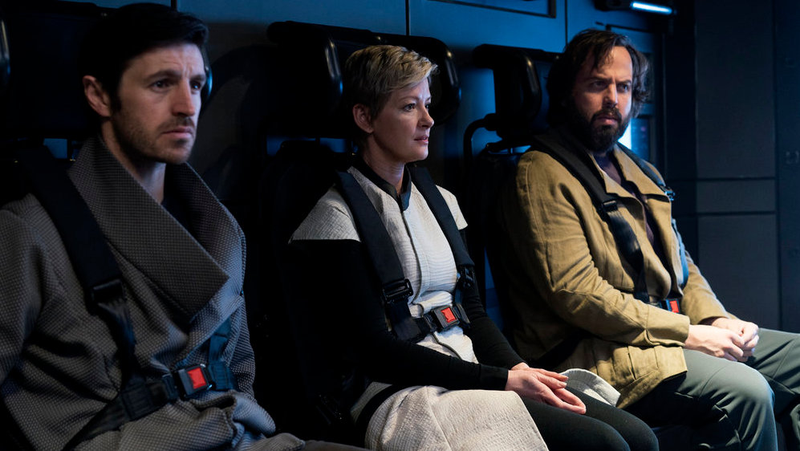 Eoin Macken, Gretchen Mol, and Angus Sampson in Nightflyers.